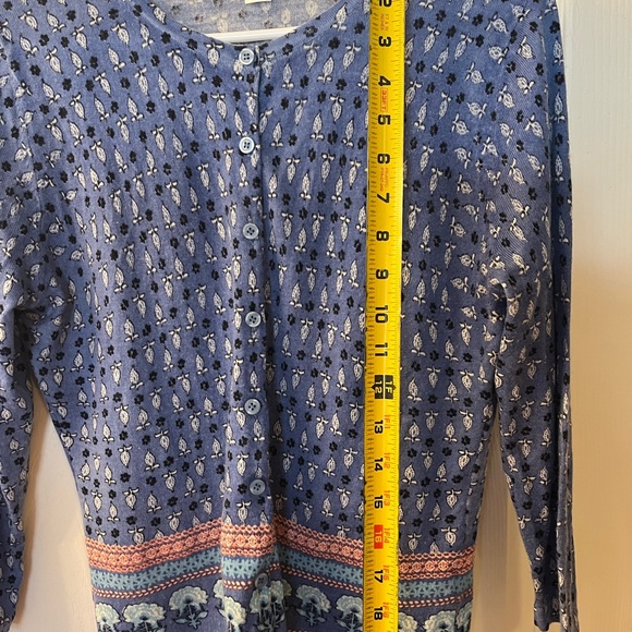 Garnet Hill Patterned Blue Lightweight Cardigan 100% Merino Wool 3/4 Sleeves - Picture 9 of 11